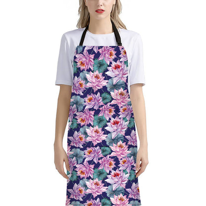 Vintage Lotus Flower Print Bib Apron With Pocket