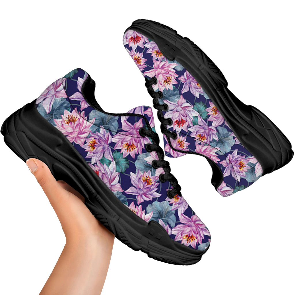 Vintage Lotus Flower Print Black Chunky Shoes
