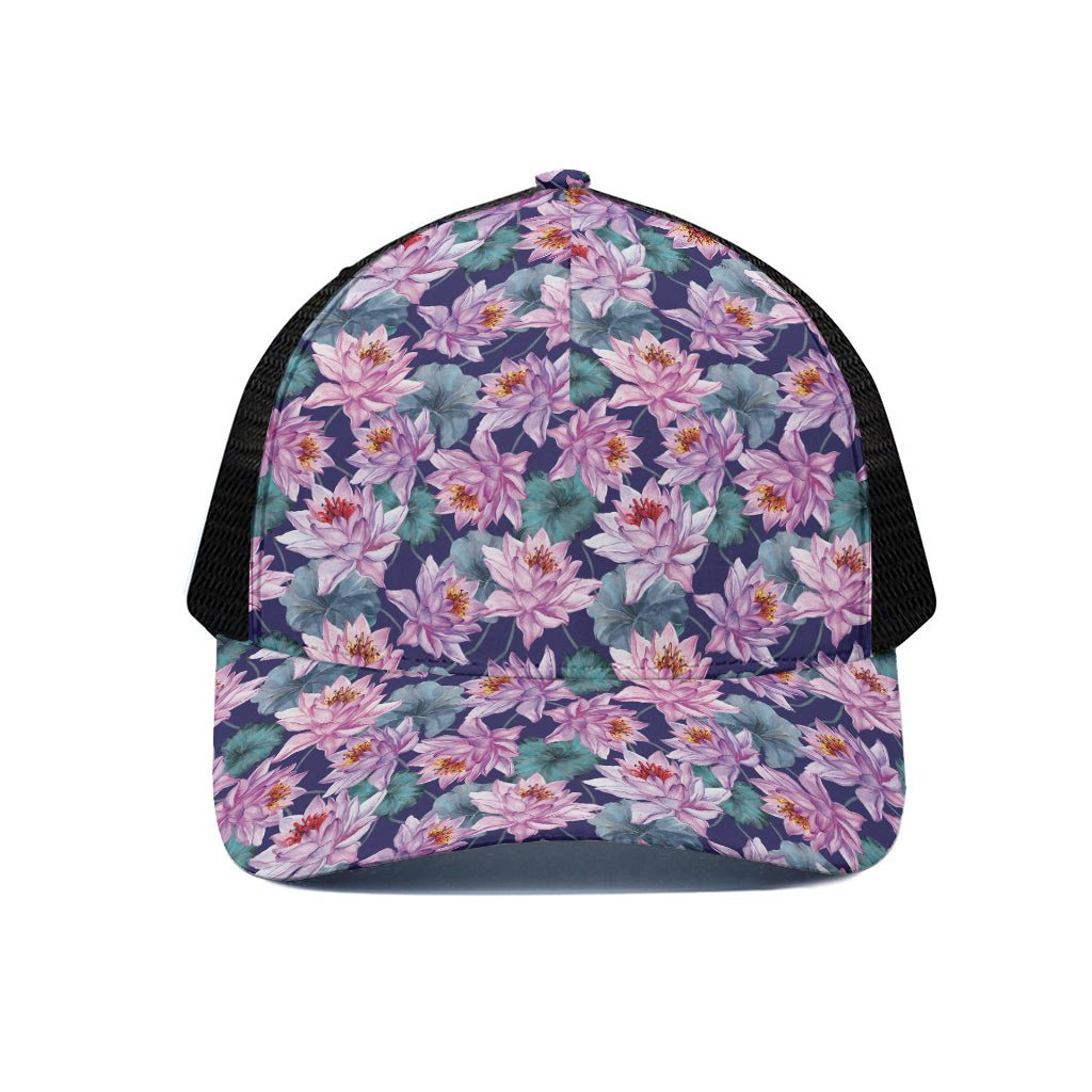 Vintage Lotus Flower Print Black Mesh Trucker Cap