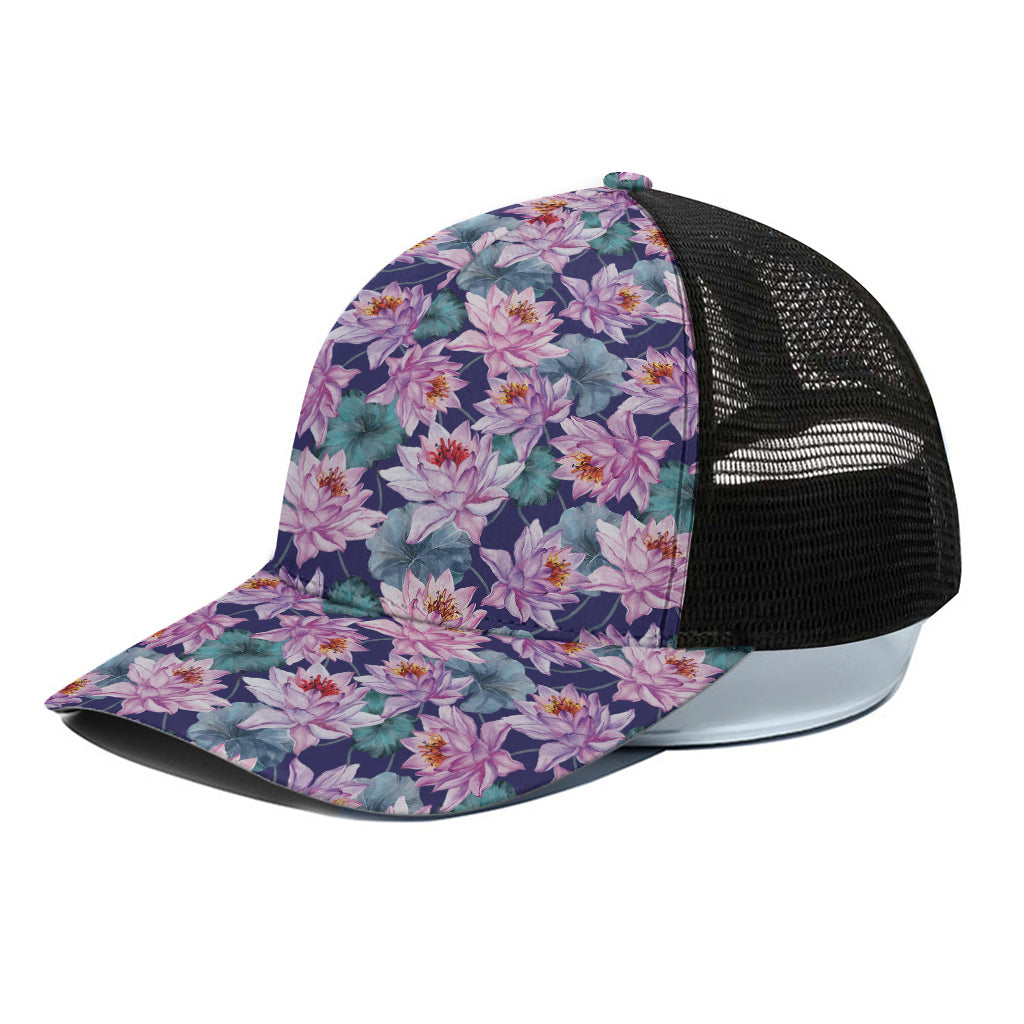 Vintage Lotus Flower Print Black Mesh Trucker Cap