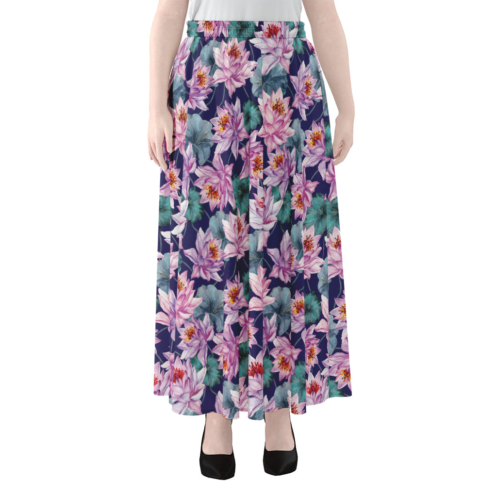 Vintage Lotus Flower Print Chiffon Maxi Skirt