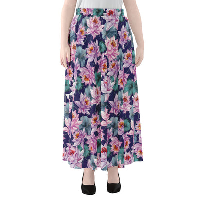 Vintage Lotus Flower Print Chiffon Maxi Skirt