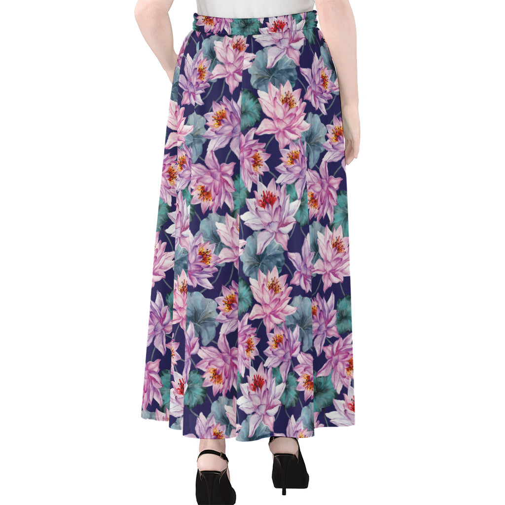 Vintage Lotus Flower Print Chiffon Maxi Skirt