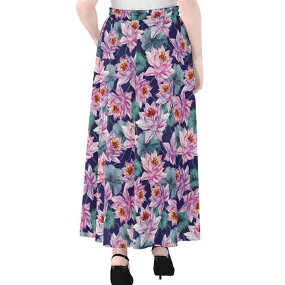 Vintage Lotus Flower Print Chiffon Maxi Skirt