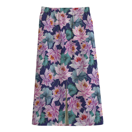 Vintage Lotus Flower Print Cotton Front Slit Maxi Skirt