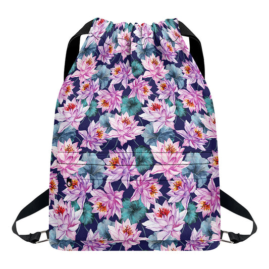 Vintage Lotus Flower Print Drawstring Backpack