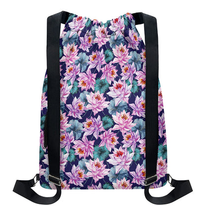 Vintage Lotus Flower Print Drawstring Backpack