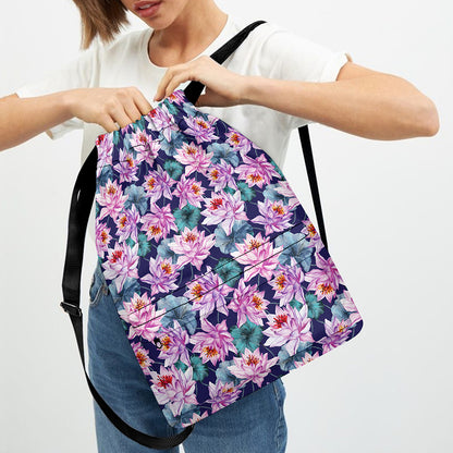 Vintage Lotus Flower Print Drawstring Backpack