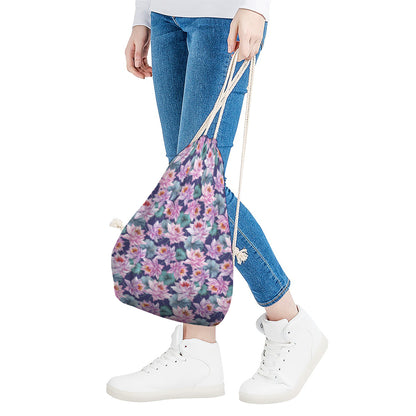 Vintage Lotus Flower Print Drawstring Bag