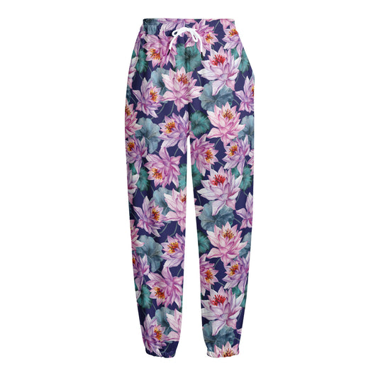 Vintage Lotus Flower Print Fleece Lined Knit Pants