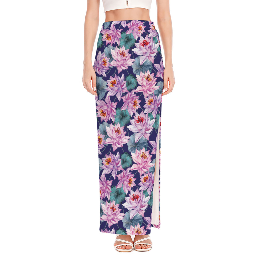 Vintage Lotus Flower Print High Slit Maxi Skirt