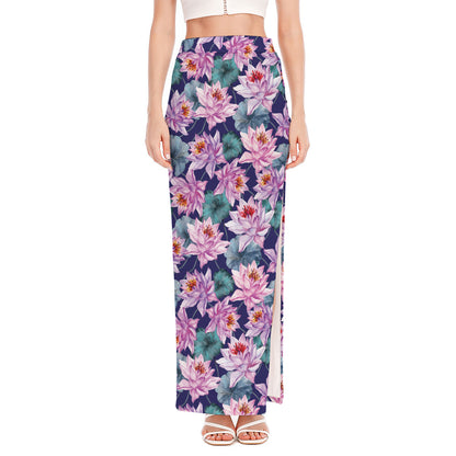 Vintage Lotus Flower Print High Slit Maxi Skirt