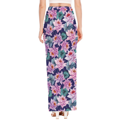 Vintage Lotus Flower Print High Slit Maxi Skirt