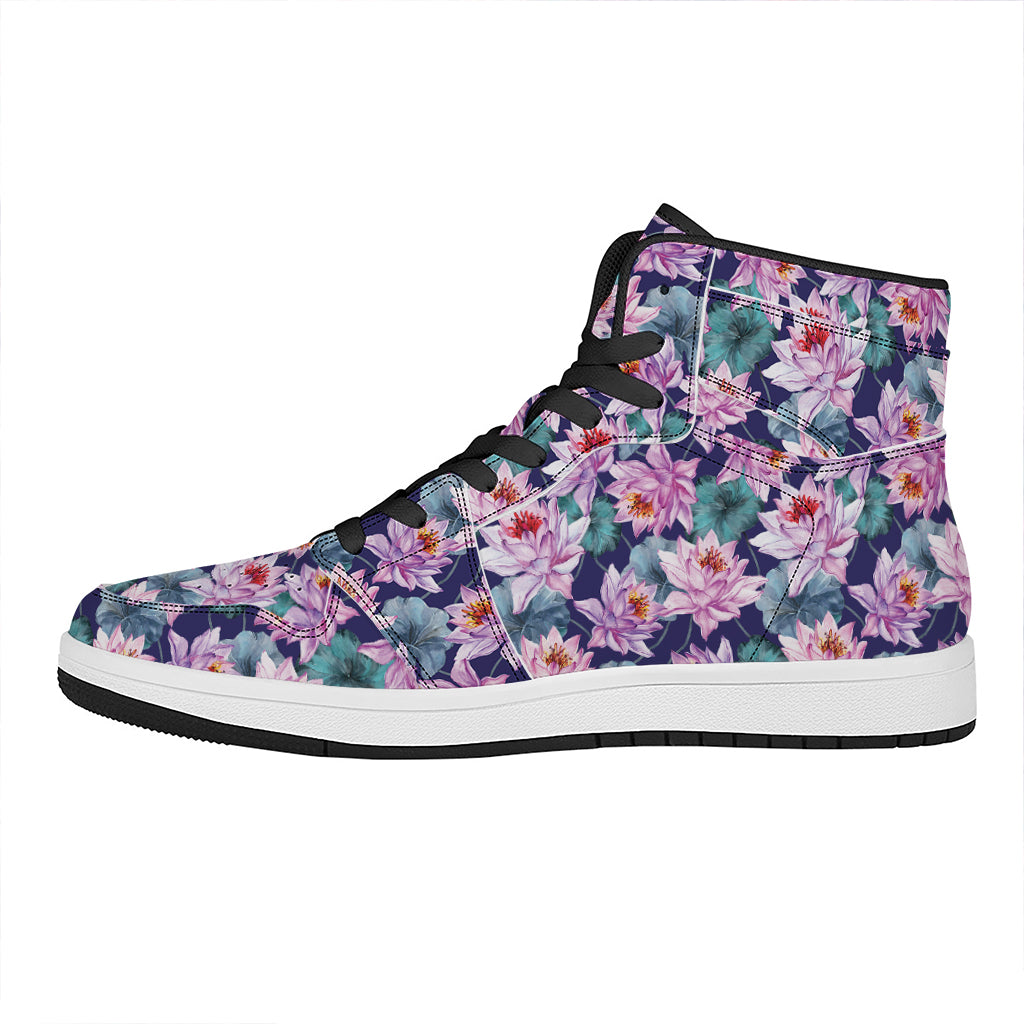 Vintage Lotus Flower Print High Top Leather Sneakers