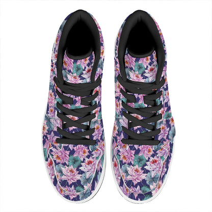 Vintage Lotus Flower Print High Top Leather Sneakers