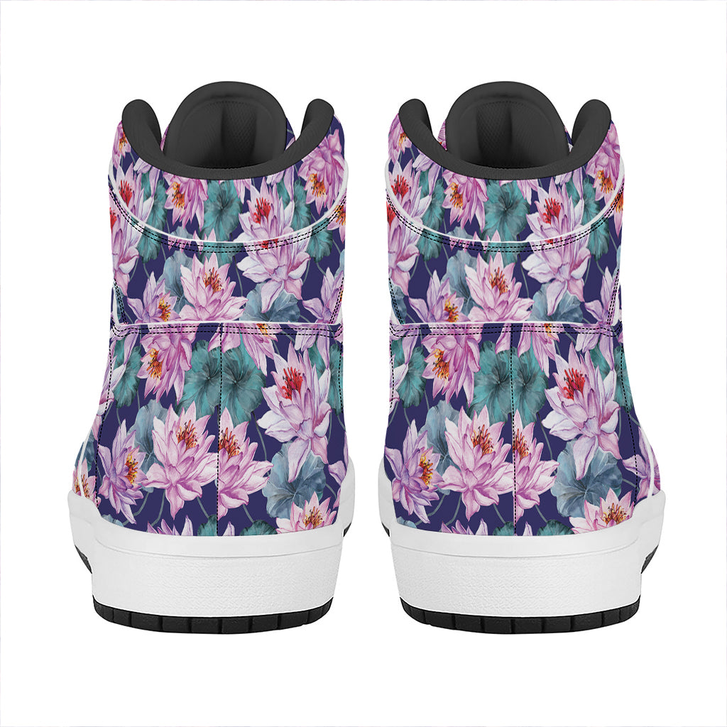 Vintage Lotus Flower Print High Top Leather Sneakers