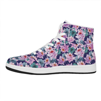 Vintage Lotus Flower Print High Top Leather Sneakers