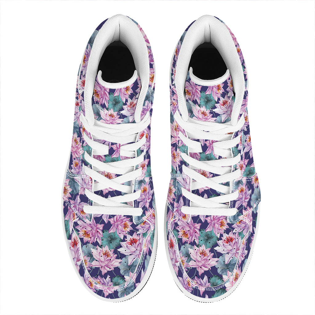 Vintage Lotus Flower Print High Top Leather Sneakers