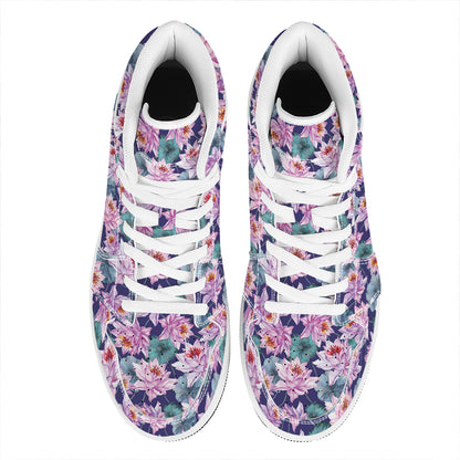 Vintage Lotus Flower Print High Top Leather Sneakers