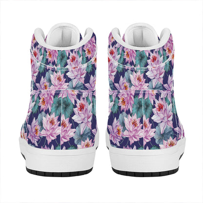 Vintage Lotus Flower Print High Top Leather Sneakers