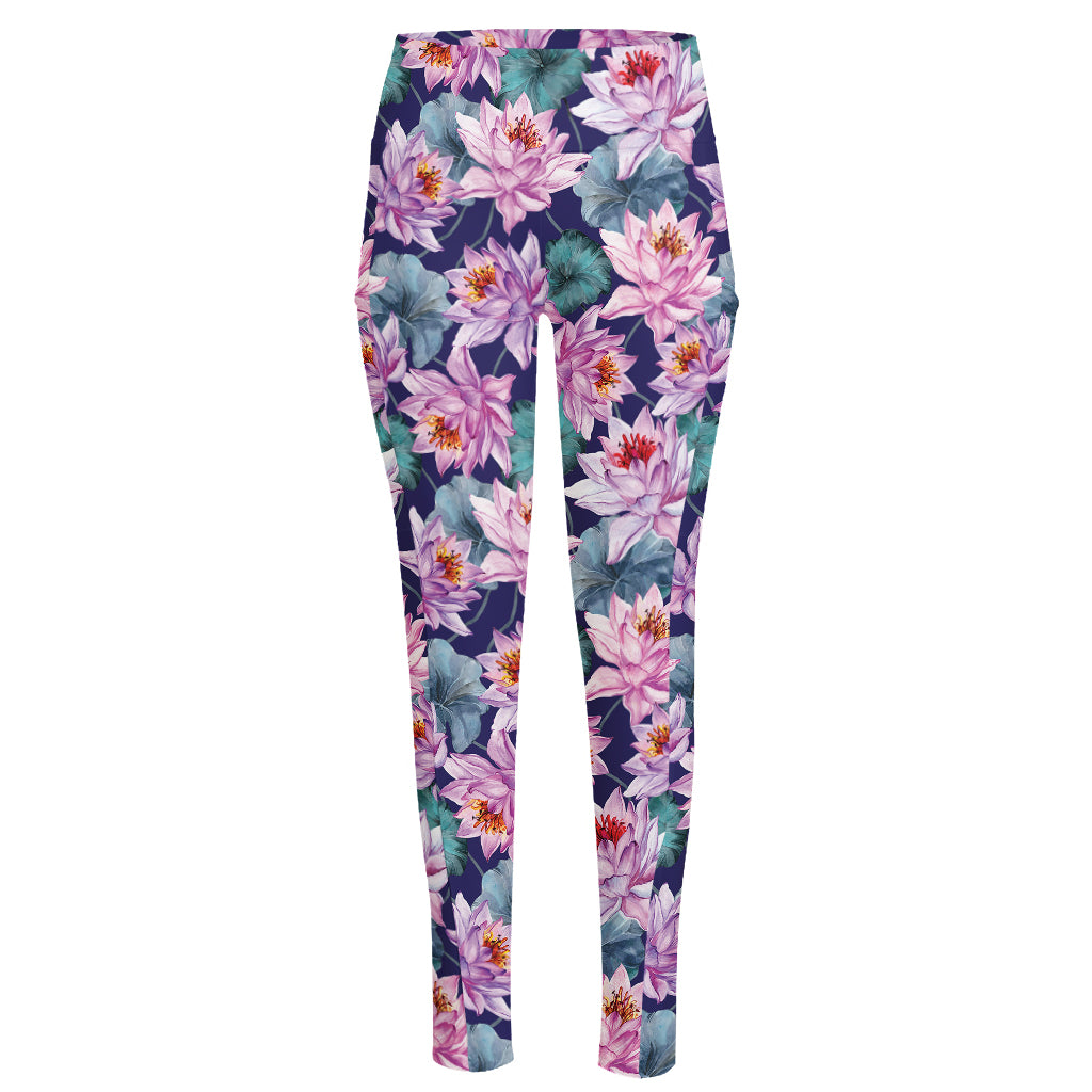 Vintage Lotus Flower Print High-Waisted Pocket Leggings