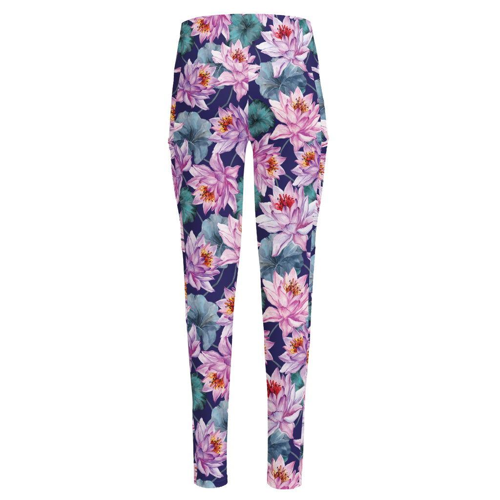Vintage Lotus Flower Print High-Waisted Pocket Leggings