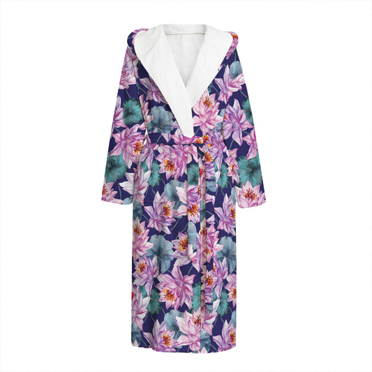 Vintage Lotus Flower Print Hooded Bathrobe