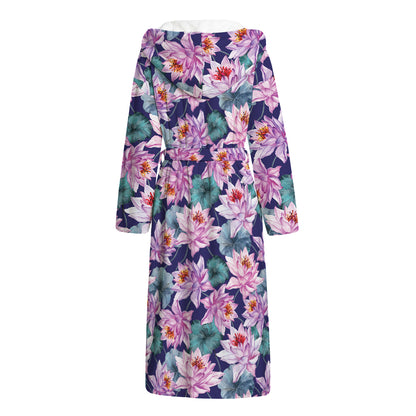 Vintage Lotus Flower Print Hooded Bathrobe