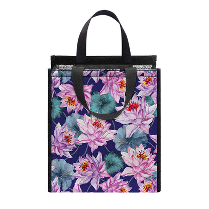 Vintage Lotus Flower Print Insulated Lunch Tote