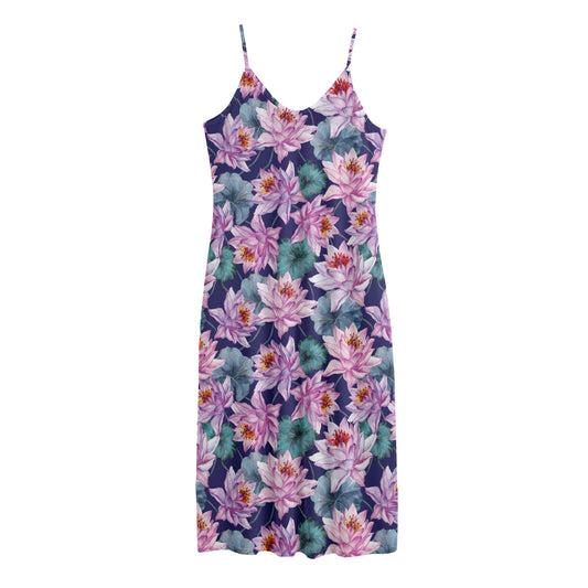 Vintage Lotus Flower Print Jersey Midi Cami Dress