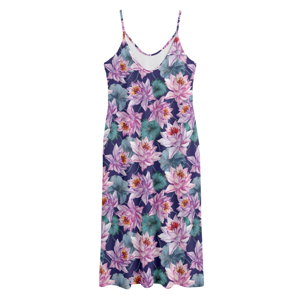 Vintage Lotus Flower Print Jersey Midi Cami Dress