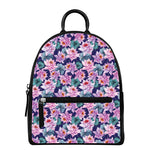 Vintage Lotus Flower Print Leather Backpack