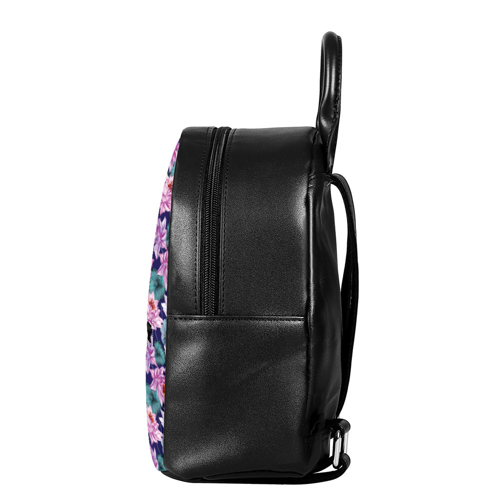 Vintage Lotus Flower Print Leather Backpack