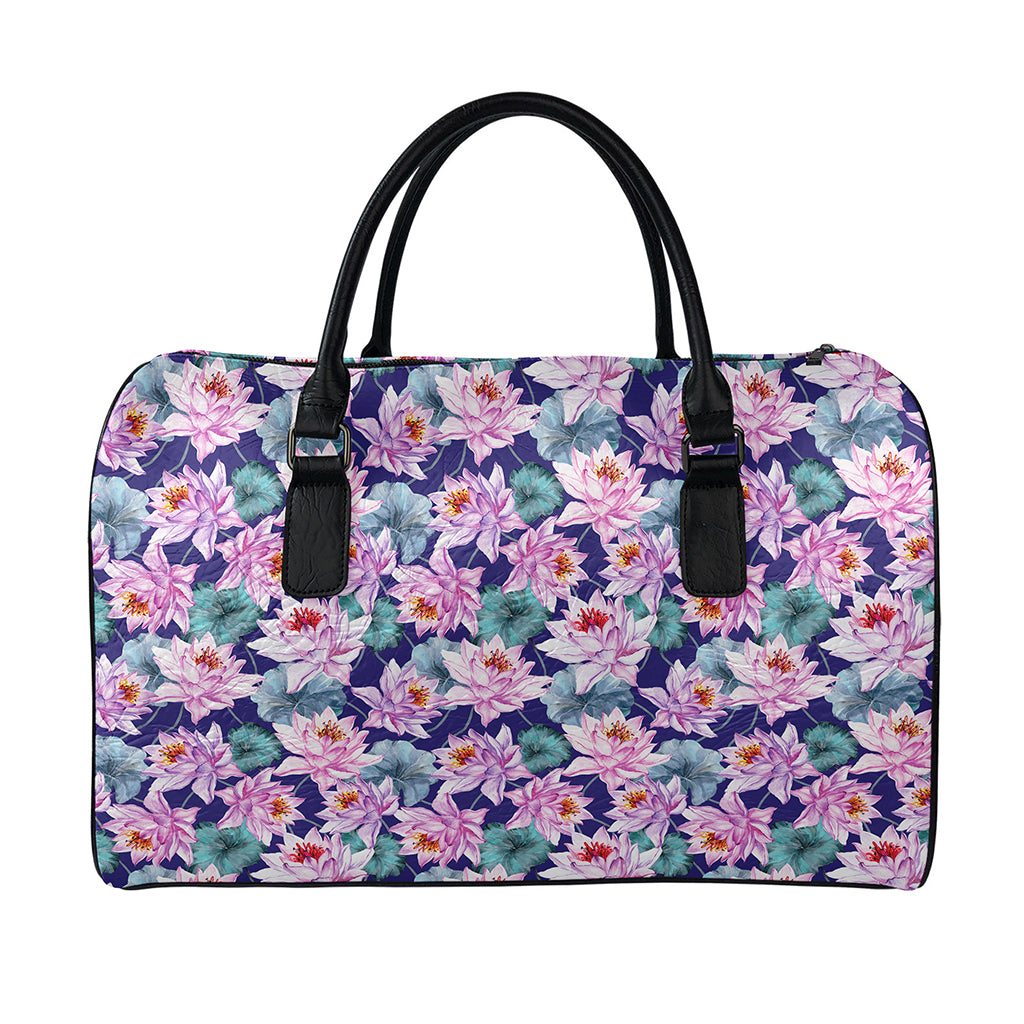 Vintage Lotus Flower Print Leather Duffle Bag
