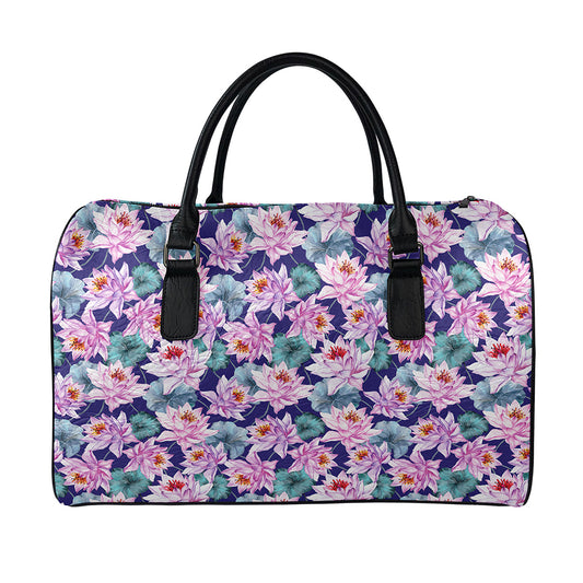 Vintage Lotus Flower Print Leather Duffle Bag