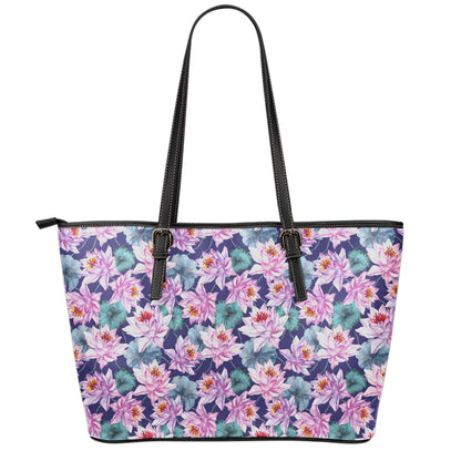 Vintage Lotus Flower Print Leather Tote Bag