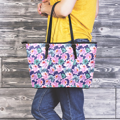 Vintage Lotus Flower Print Leather Tote Bag
