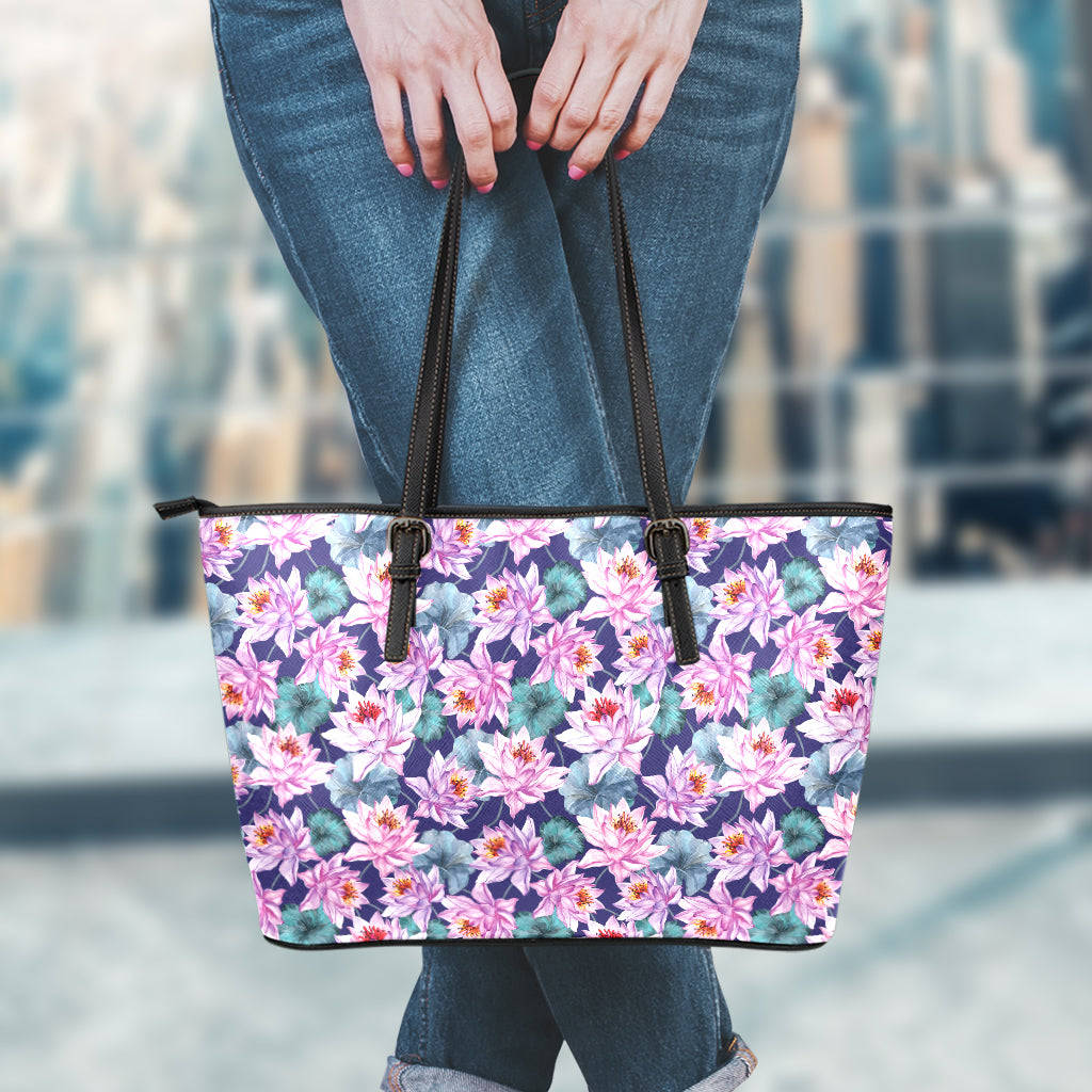 Vintage Lotus Flower Print Leather Tote Bag