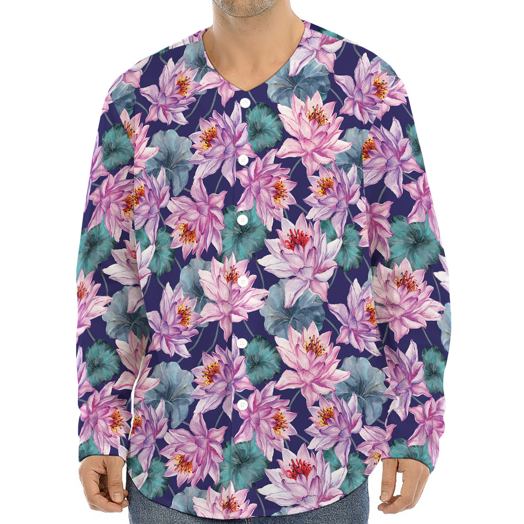 Vintage Lotus Flower Print Long Sleeve Baseball Jersey