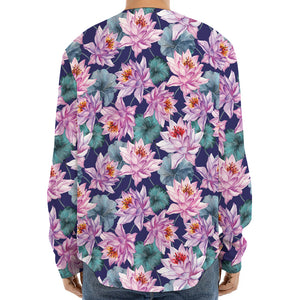 Vintage Lotus Flower Print Long Sleeve Baseball Jersey