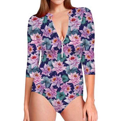 Vintage Lotus Flower Print Long Sleeve Swimsuit
