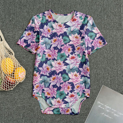 Vintage Lotus Flower Print Men's Bodysuit