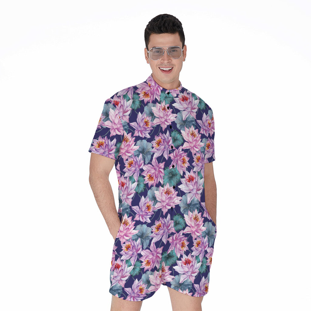 Vintage Lotus Flower Print Men's Rompers