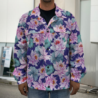 Vintage Lotus Flower Print Men's Shirt Jacket