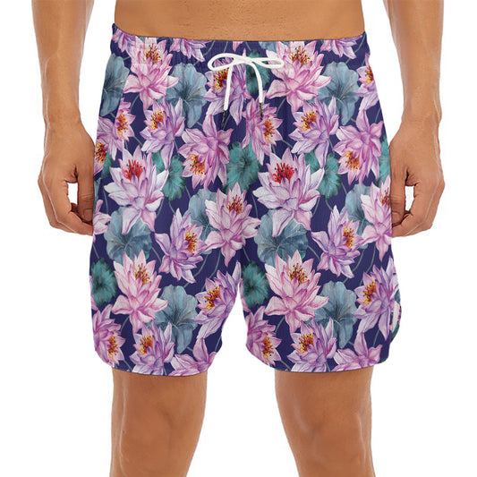 Vintage Lotus Flower Print Men's Split Running Shorts