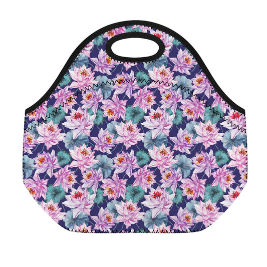 Vintage Lotus Flower Print Neoprene Lunch Bag