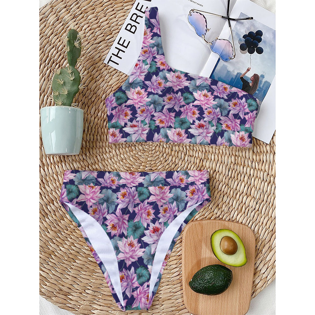 Vintage Lotus Flower Print One Shoulder Bikini Top