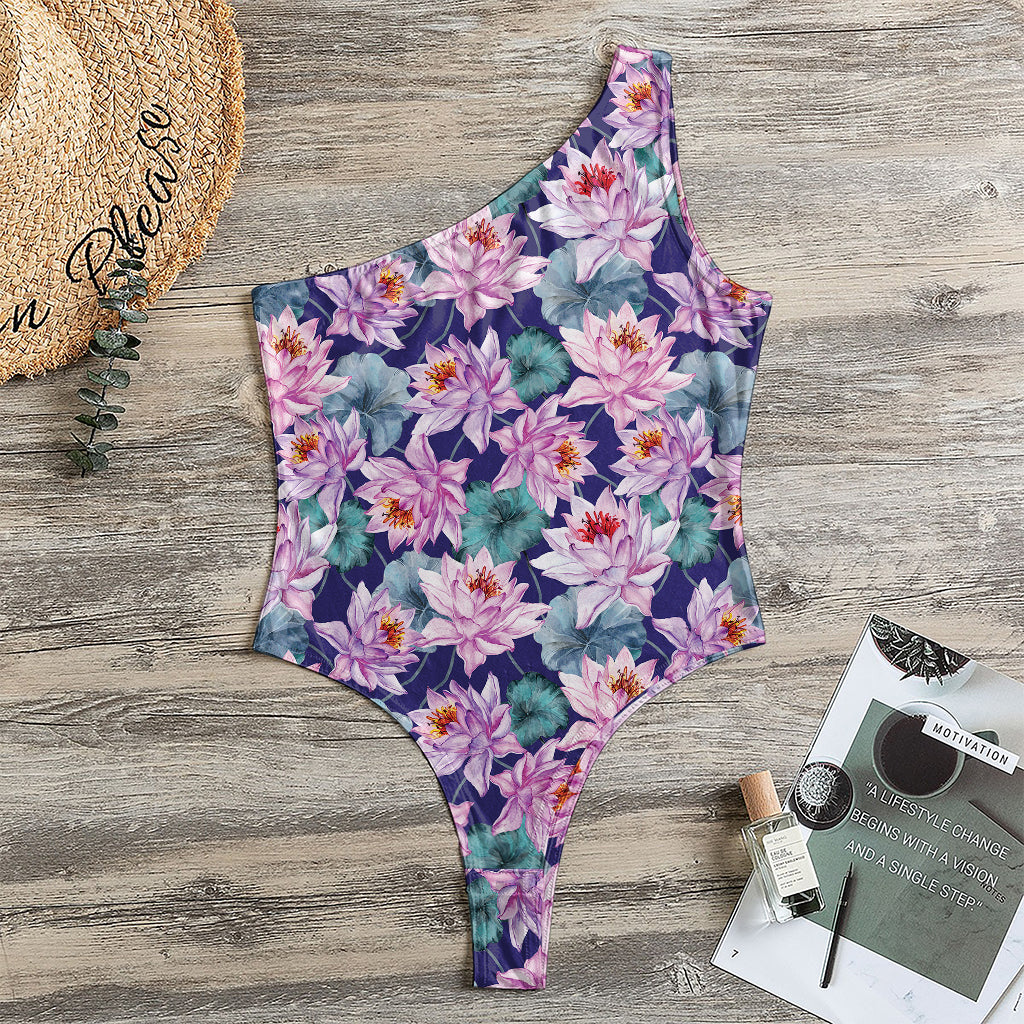 Vintage Lotus Flower Print One Shoulder Bodysuit