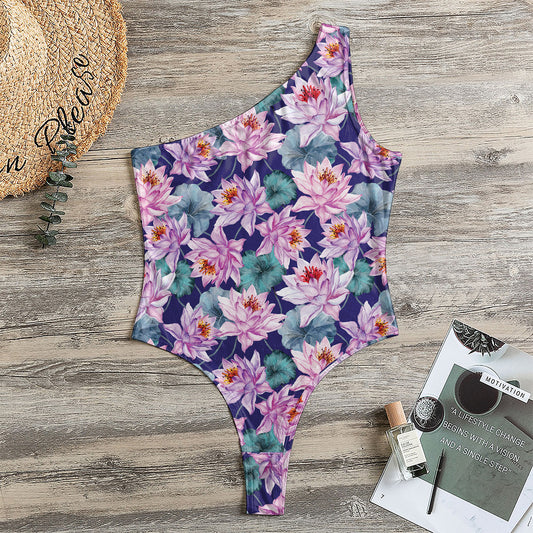 Vintage Lotus Flower Print One Shoulder Bodysuit