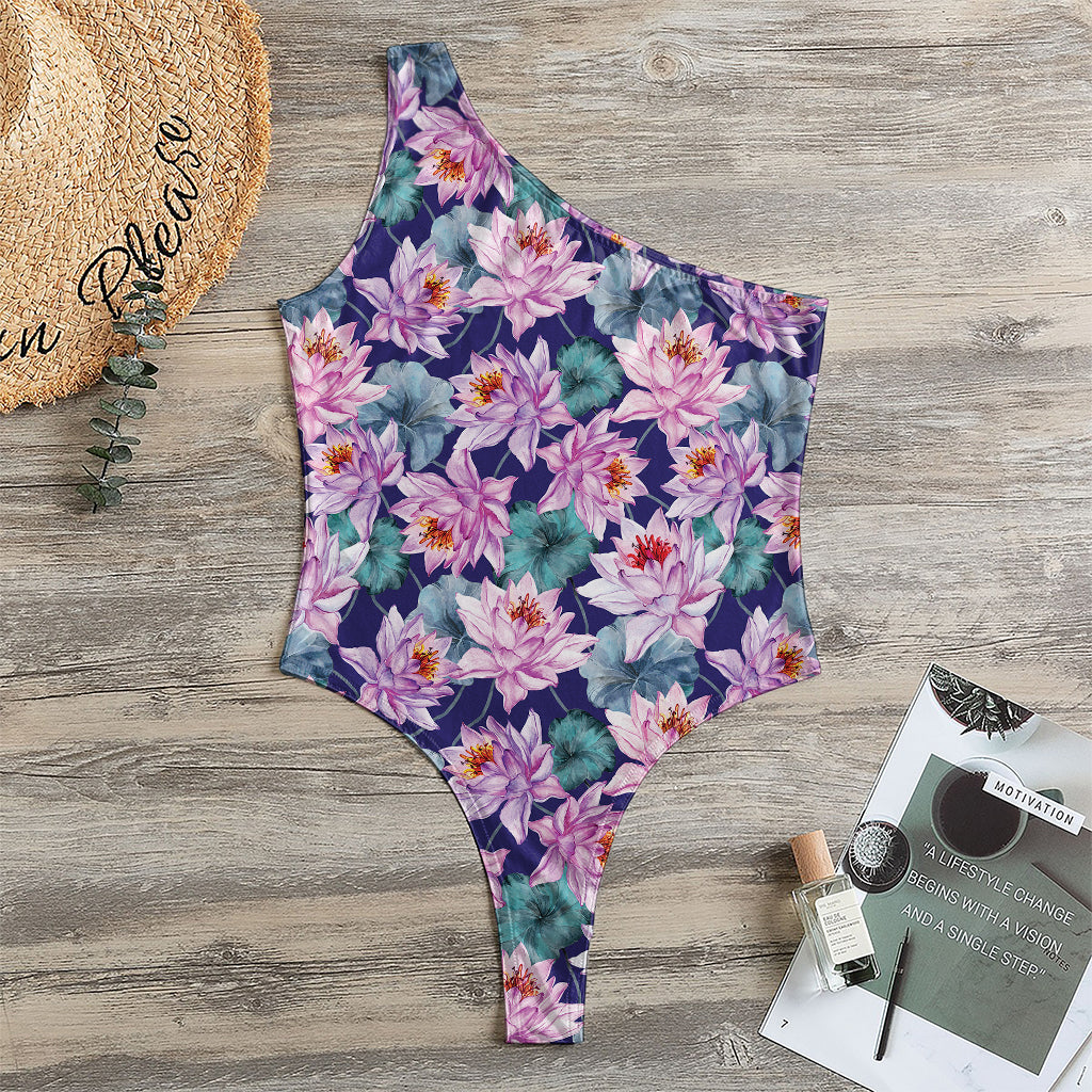 Vintage Lotus Flower Print One Shoulder Bodysuit